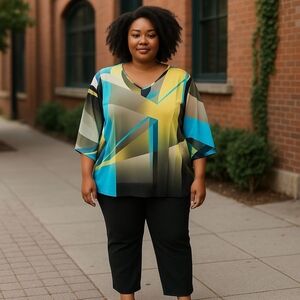 JM Collection Blue and Yellow Graphic Blouse Relaxed Fit
